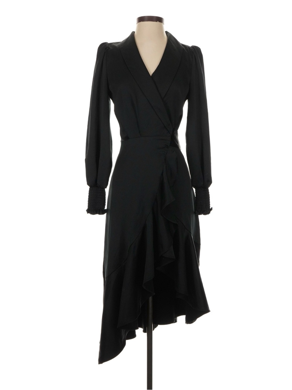 Rachel Parcell Black Asymmetrical Wrap Midi Dress with Ruffle Trim